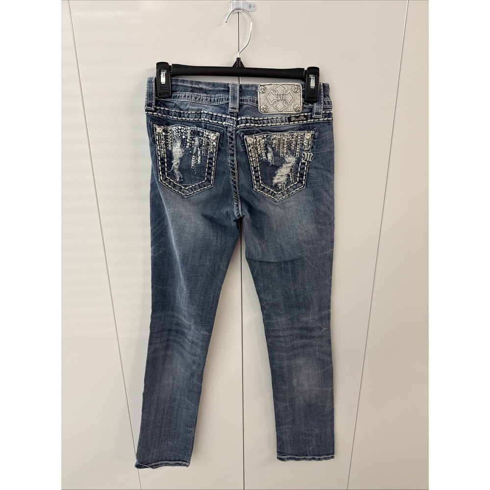 Miss Me Women's Mid-Rise Easy Cuffed Straight Dark Wash Distressed Jeans Size 25